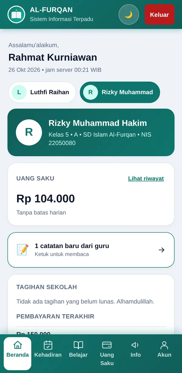 Beranda portal orang tua: saldo uang saku, pemberitahuan catatan baru dari guru, dan tagihan sekolah.